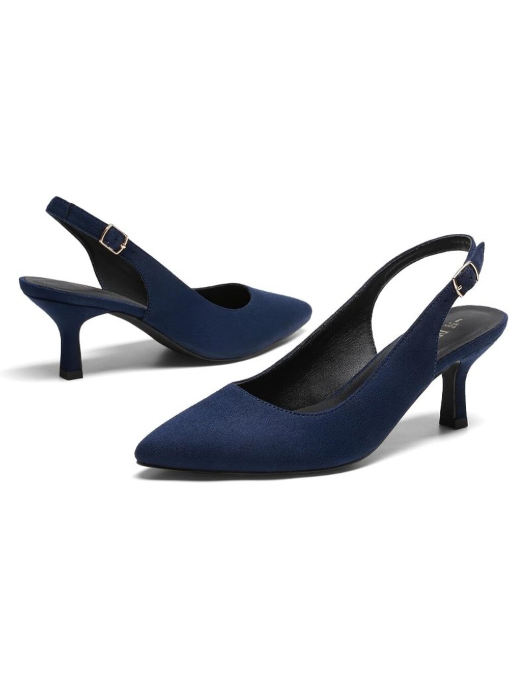Women's Navy Suede Low Kitten Heel Slingback Pointed Toe Party Shoes - Picture 5 of 5